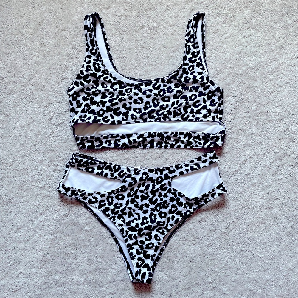 Large Shein Black and White Cheetah Bikini Set